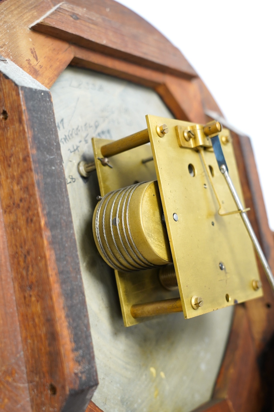 An early 20th century mahogany single fusee Gamleys advertising dial clock, 39cm diameter. Condition - poor to fair